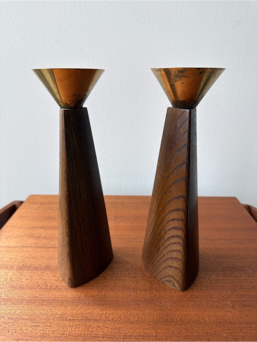 Vintage Japanese Mid-Century Candlesticks, Sculptural Wood & Brass, Pair